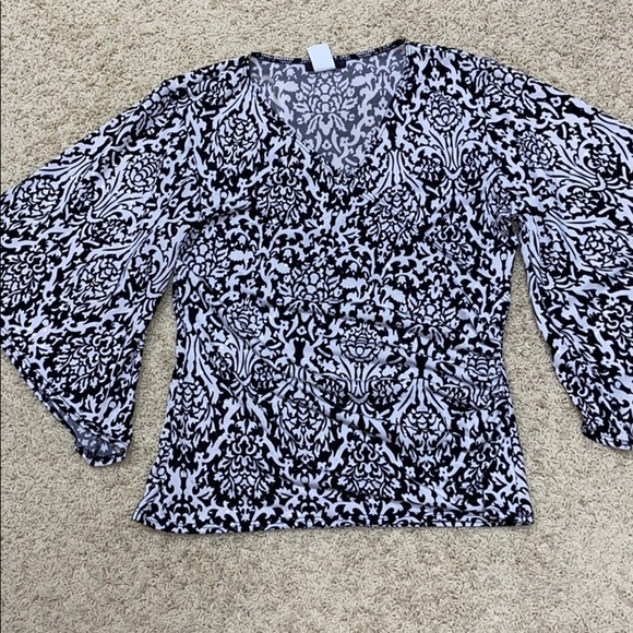 MSK Faux Wrap Top Black& White Paisley Sparkling Sequin Flattering Bell Sleeve - Picture 4 of 15